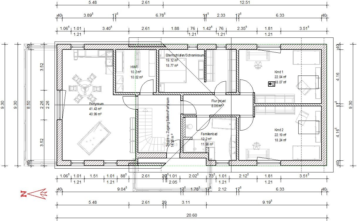Grundriss eines Hauses: links Wohnzimmer/Partyraum, rechts Kinder- und Elternzimmer, Bad, Balkon.