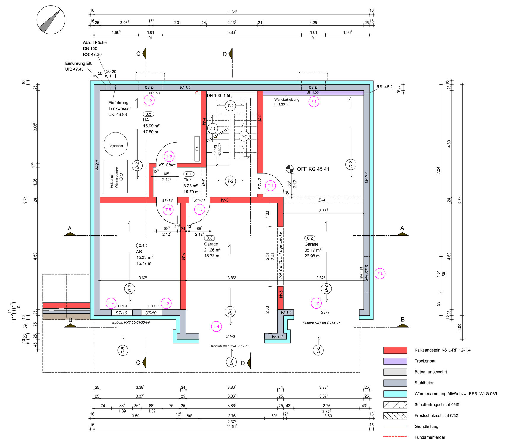 Grundriss eines technischen Raumplans mit Wänden, Türen und Maßlinien
