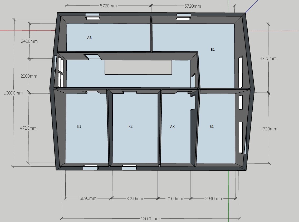 Top-Down-Grundriss eines Innenraums mit K1, K2, AK, E1, AB, B1