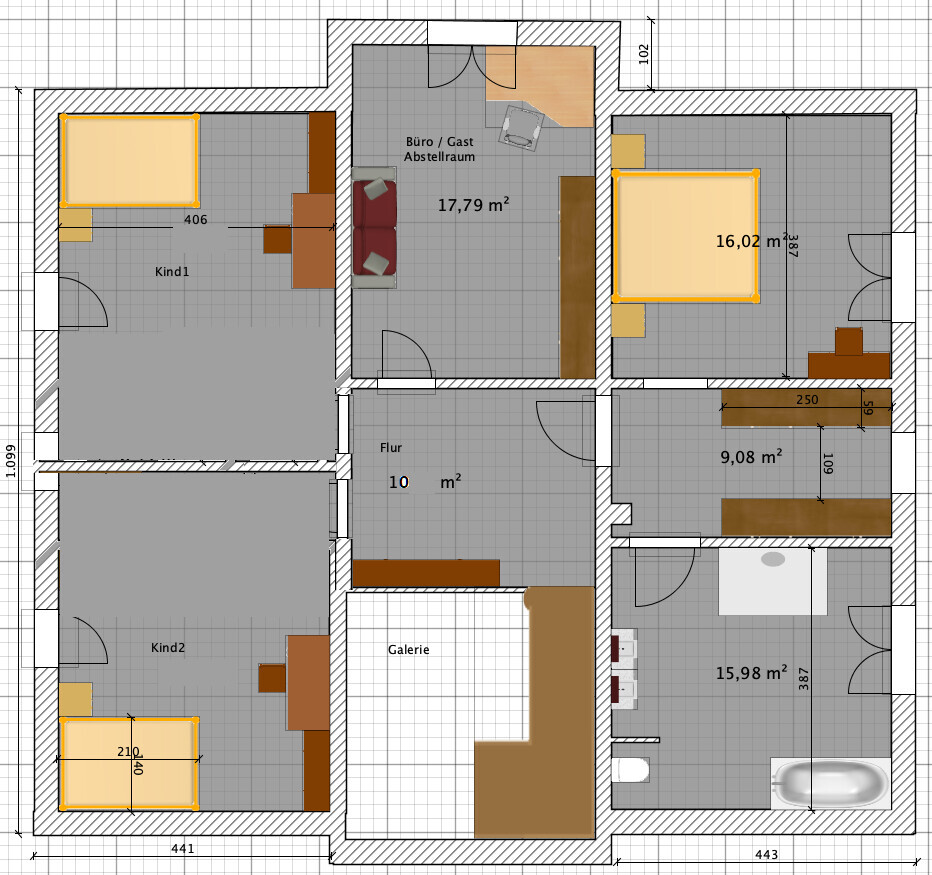 Detaillierter Grundriss eines Hauses mit mehreren Zimmern, Flur, Galerie und Badezimmer.