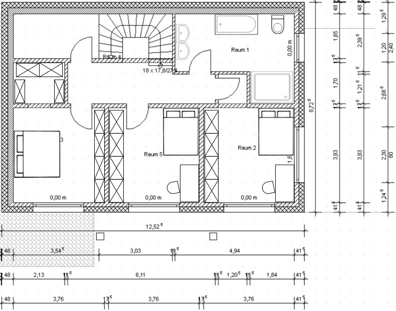 Grundriss eines Gebäudes: Treppe, Flur, Bad (Raum 1) und Schlafzimmer (Raum 2, Raum 5).