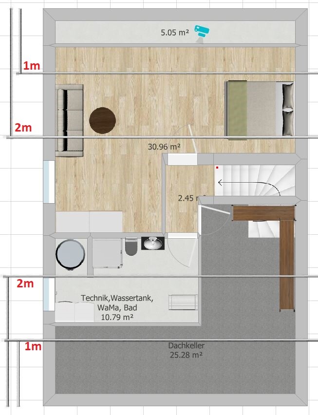 Grundriss eines Hauses: Wohnbereich, Schlafzimmer, Küche, Technikraum und Dachkeller