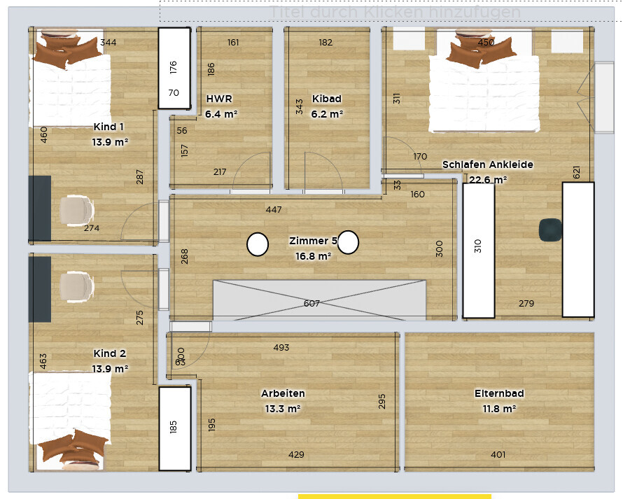 Grundriss eines Wohnhauses mit Kind 1, Kind 2, Arbeiten, Schlafen/Ankleide, Elternbad, HWR, Kibad