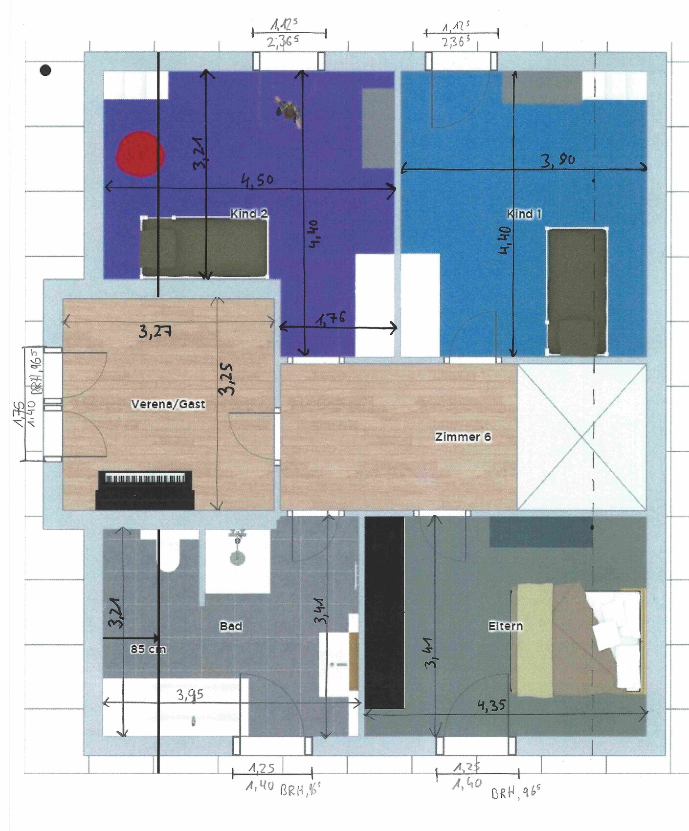 Grundriss eines Hauses: Verena/Gast, Elternzimmer, Zimmer 6, Kind 1–2 und Bad.