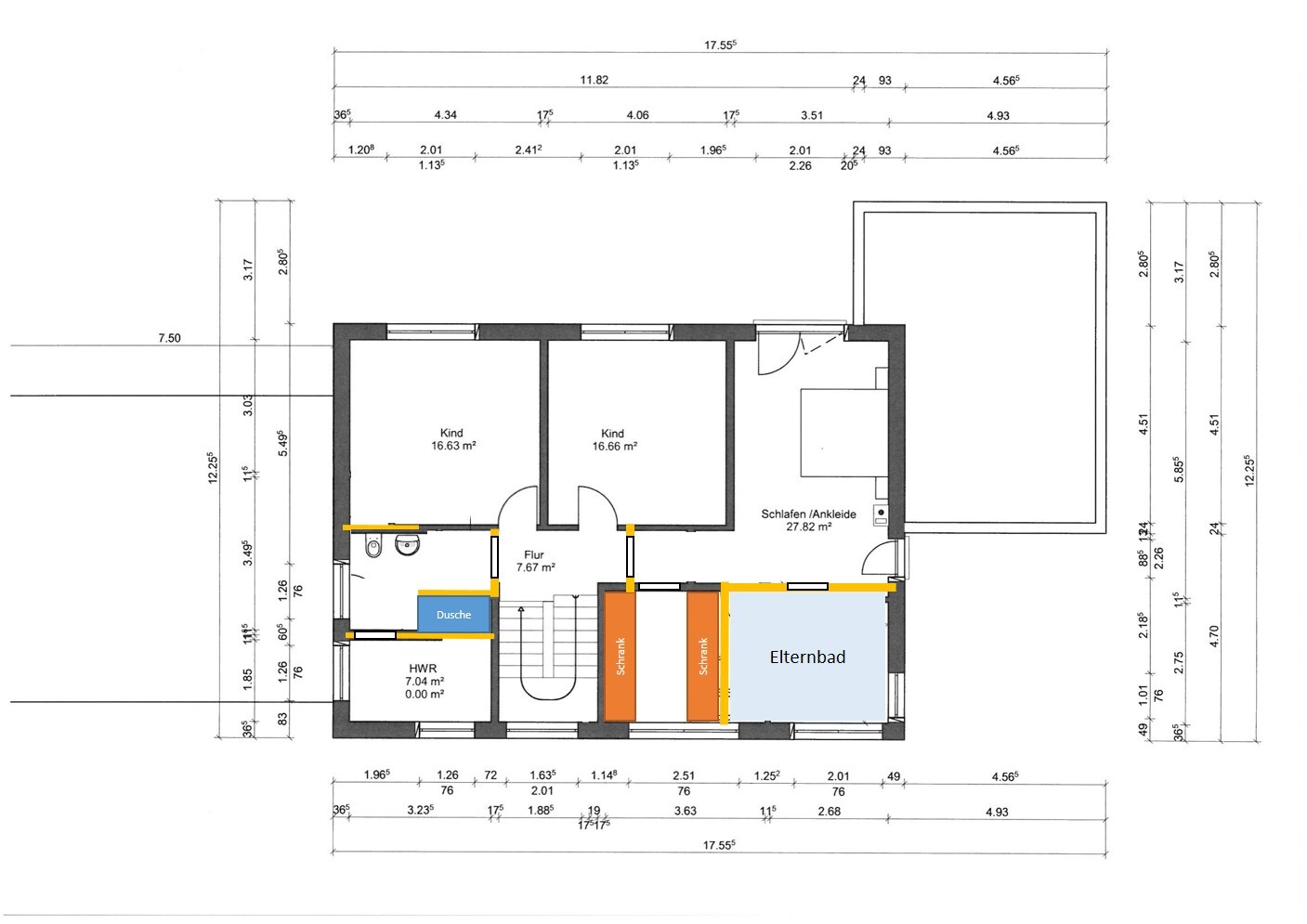 Grundriss: Obergeschoss mit zwei Kinderzimmer, Elternschlafzimmer mit Ankleide, Flur, Dusche, HWR.