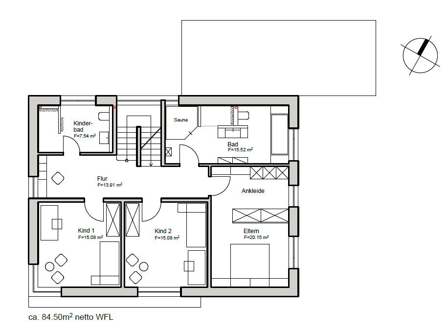 Grundriss eines Hauses mit Flur, Bad, Sauna, Ankleide, Eltern, Kind 1, Kind 2, Kinderbad.