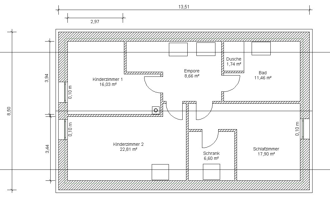 Grundriss eines Hauses mit Kinderzimmer 1 & 2, Empire, Dusche, Bad, Schlafzimmer, Schrank