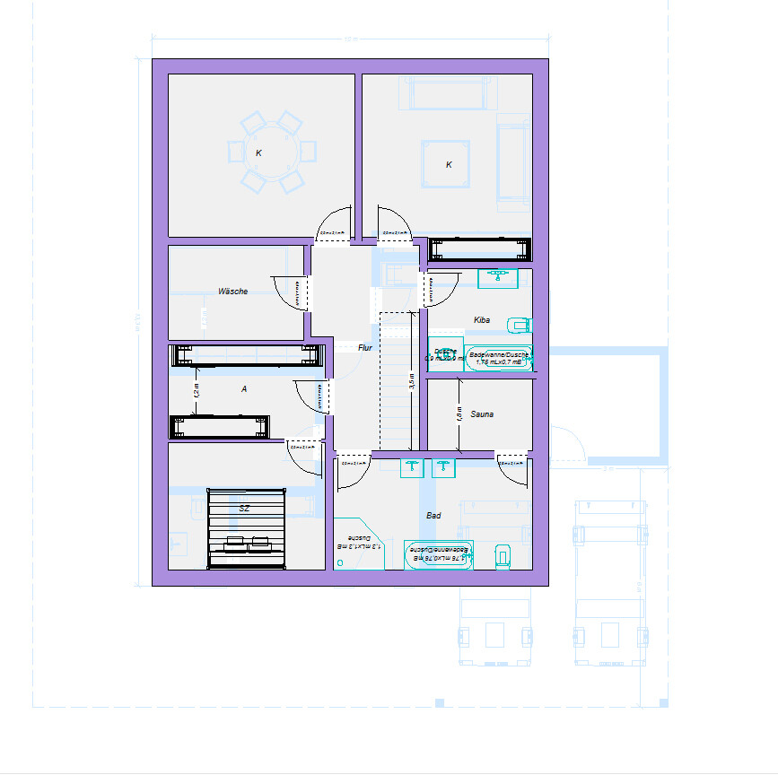 Grundriss eines Hauses: Flur, Treppenhaus, Küche, Wohnzimmer, Schlafzimmer, Waschraum, Bad, Sauna.