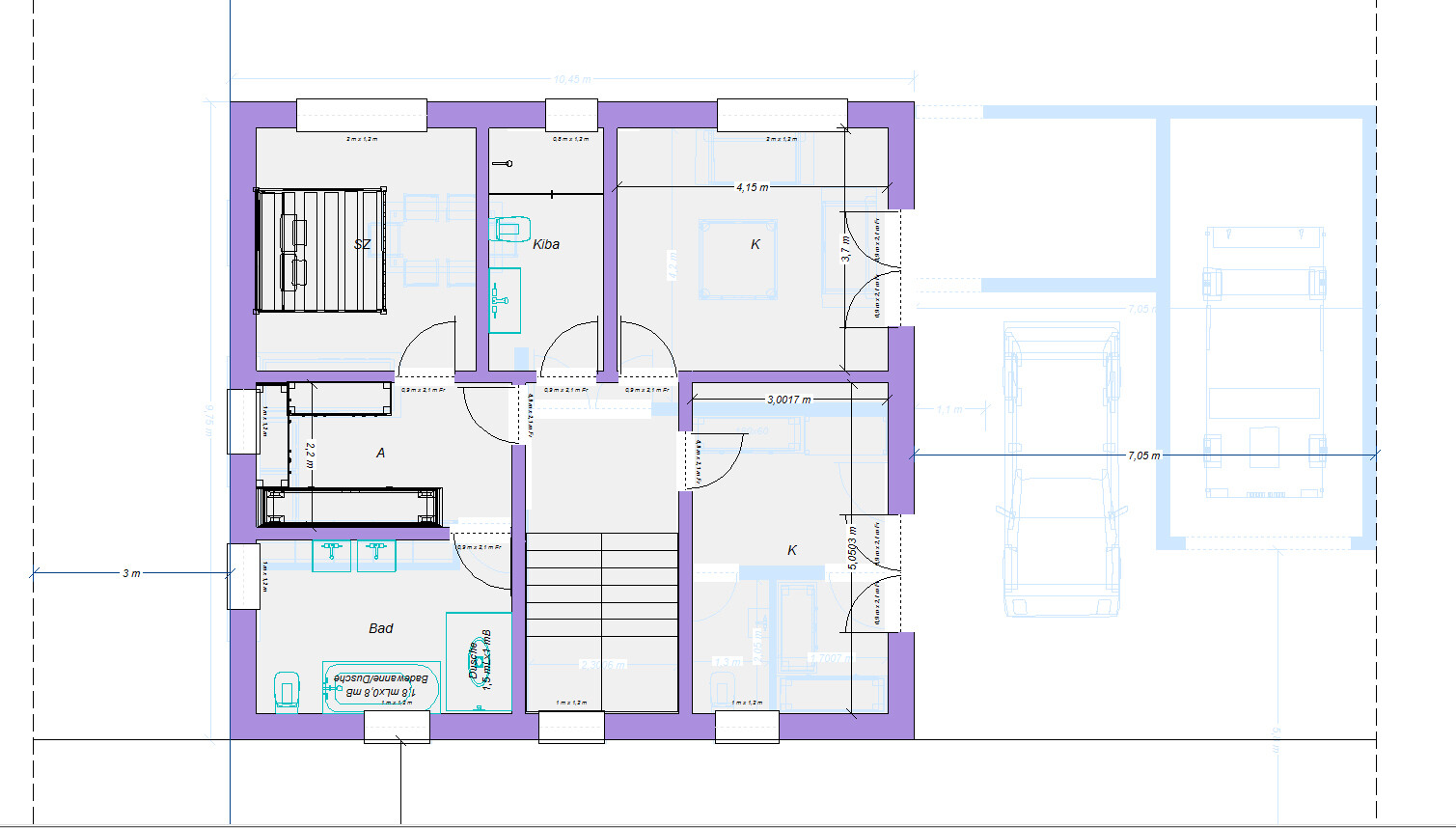 Grundrissplan eines Hauses mit Küche, Bad, Schlafzimmer und Garage, farblich markierte Wände.