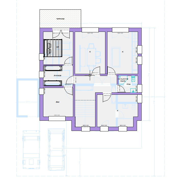 Grundriss eines Wohnhauses: mehrere Zimmer, Bad, Ankleide, Küche und Terrasse außen.