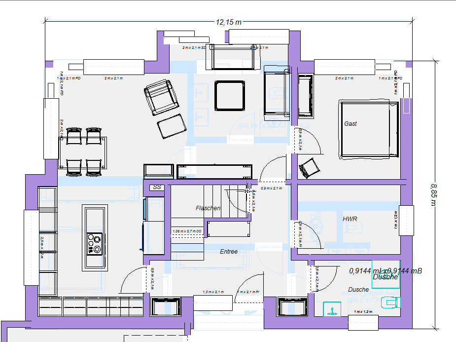 Grundriss einer Wohnung: Wohnzimmer, Küche, Flur, Gästezimmer, Bad, HWR.