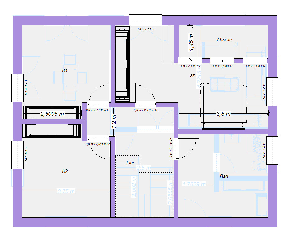 Grundriss eines Hauses: Zimmer K1 und K2, Flur, Bad, Abseite, Schlafzimmer; Möbel schematisch.