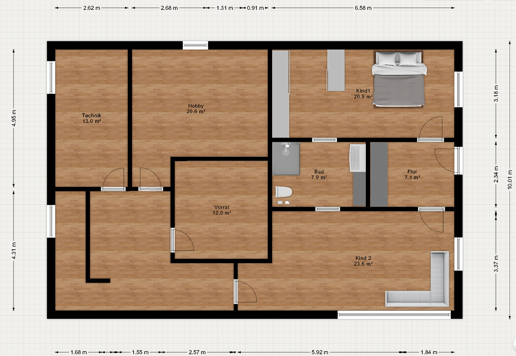 Grundriss eines Hauses mit mehreren Zimmern, Bad, Küche, Flur und Hobbyraum, übersichtliche Raumaufteilung.
