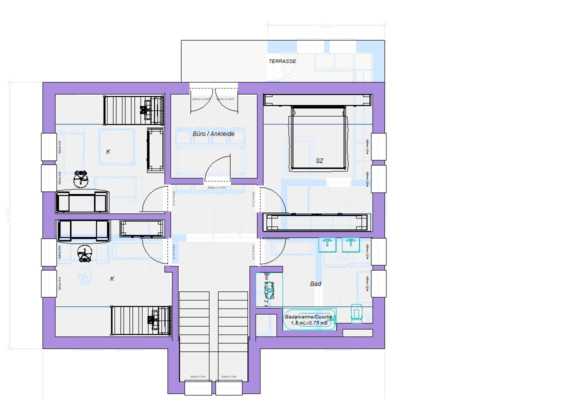 Grundriss eines Stockwerks: Küchen, Büro/Ankleide, Schlafzimmer, Bad, Terrasse, zentrale Treppe.
