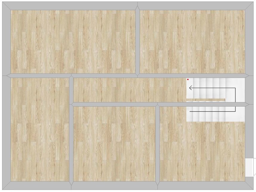 Digitale Grundrisszeichnung eines Hauses mit mehreren Räumen und Treppe, Holzboden