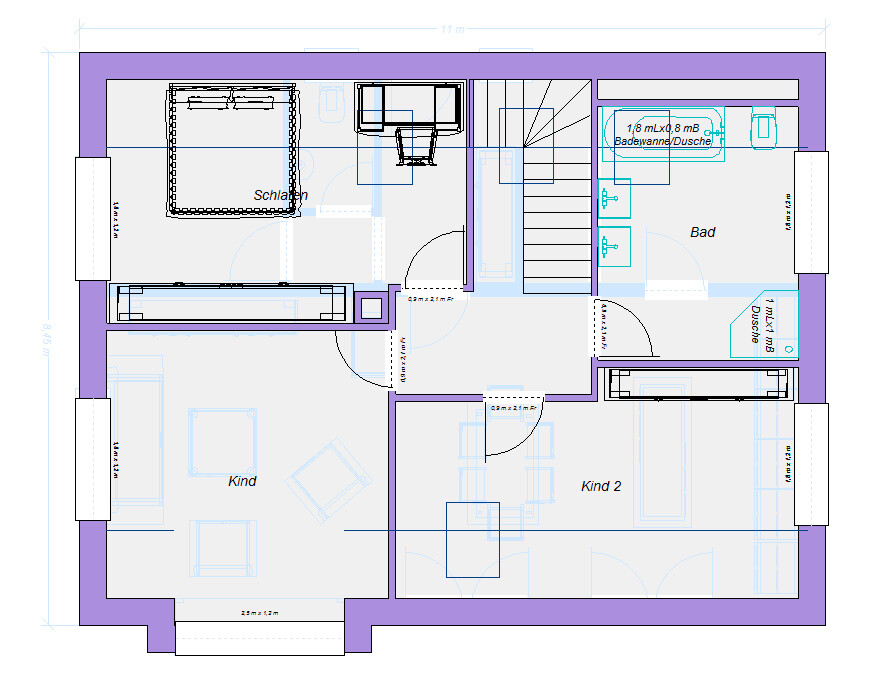 Grundriss eines Hauses: Schlafzimmer, Bad, zwei Kinderzimmer, Flur und Treppe.