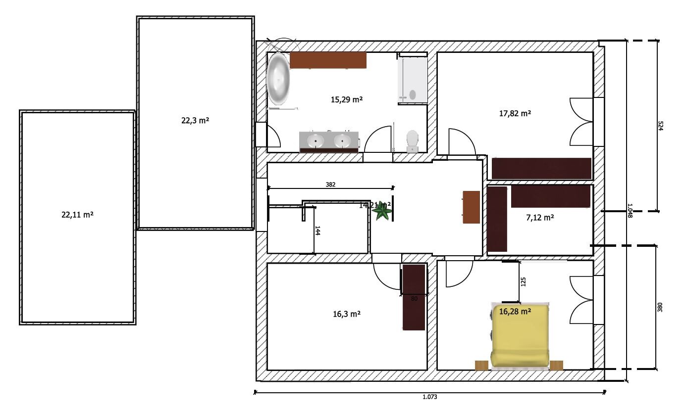 Detaillierter 2D-Hausgrundriss mit Zimmern, Bad, Flur und Außenbereichen