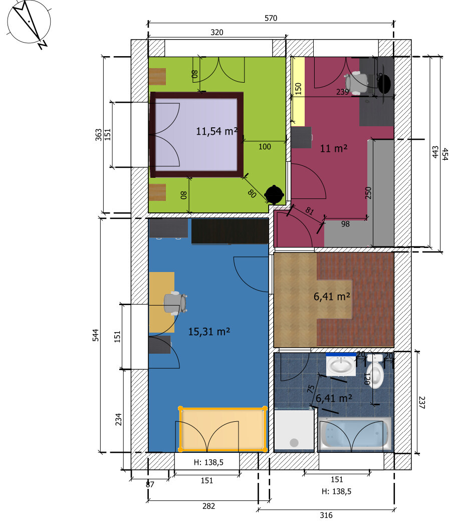 Grundriss eines Wohnplans: farbige Räume mit Maßen (11,54 m², 11 m², 15,31 m², 6,41 m²).