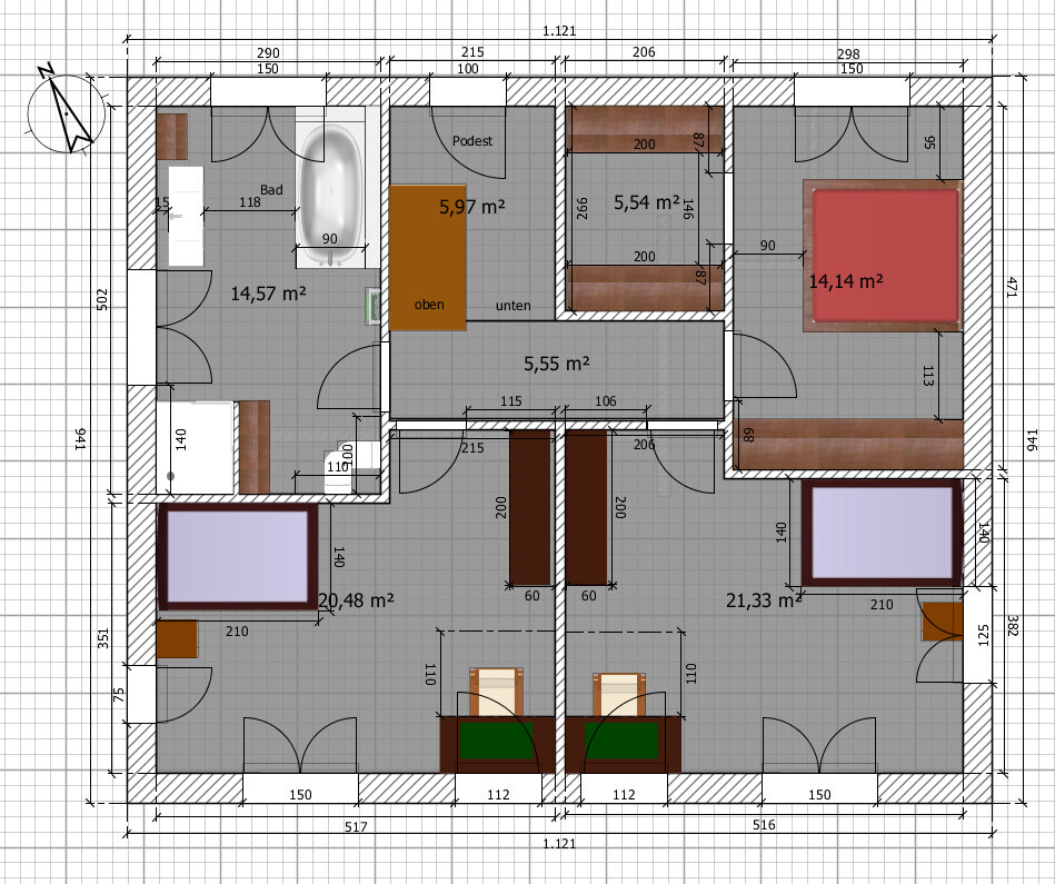 Detaillierter 2D-Grundriss eines Wohnhauses mit Bad, Schlafzimmern und Fluren.