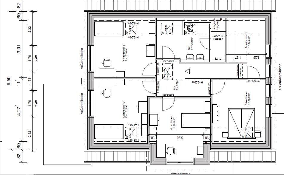 Grundriss eines Wohnhauses mit Küche, Wohnzimmer, Bad, Schlafzimmer und Kinderzimmer.