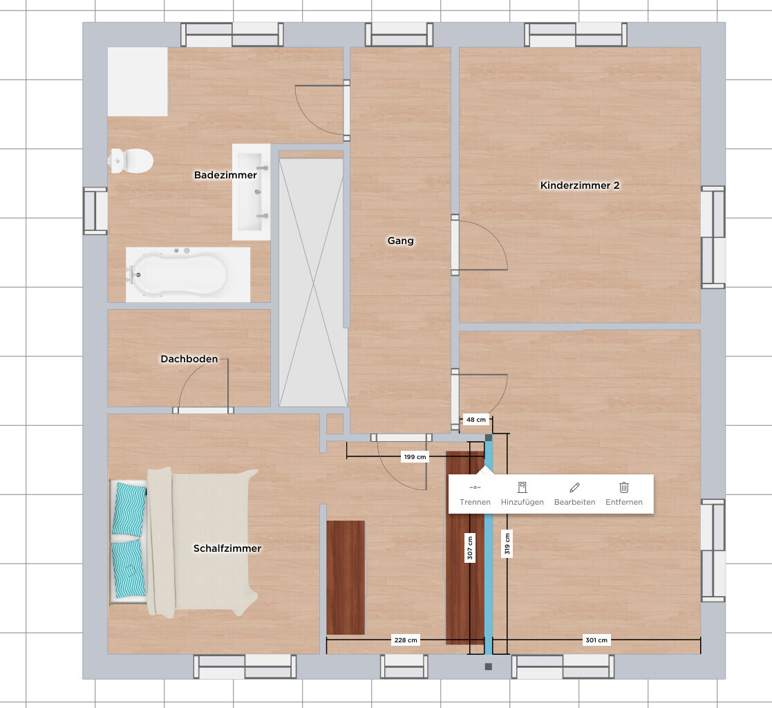 Grundriss eines Hauses: Schlafzimmer, Badezimmer, Dachboden, Gang und Kinderzimmer 2.