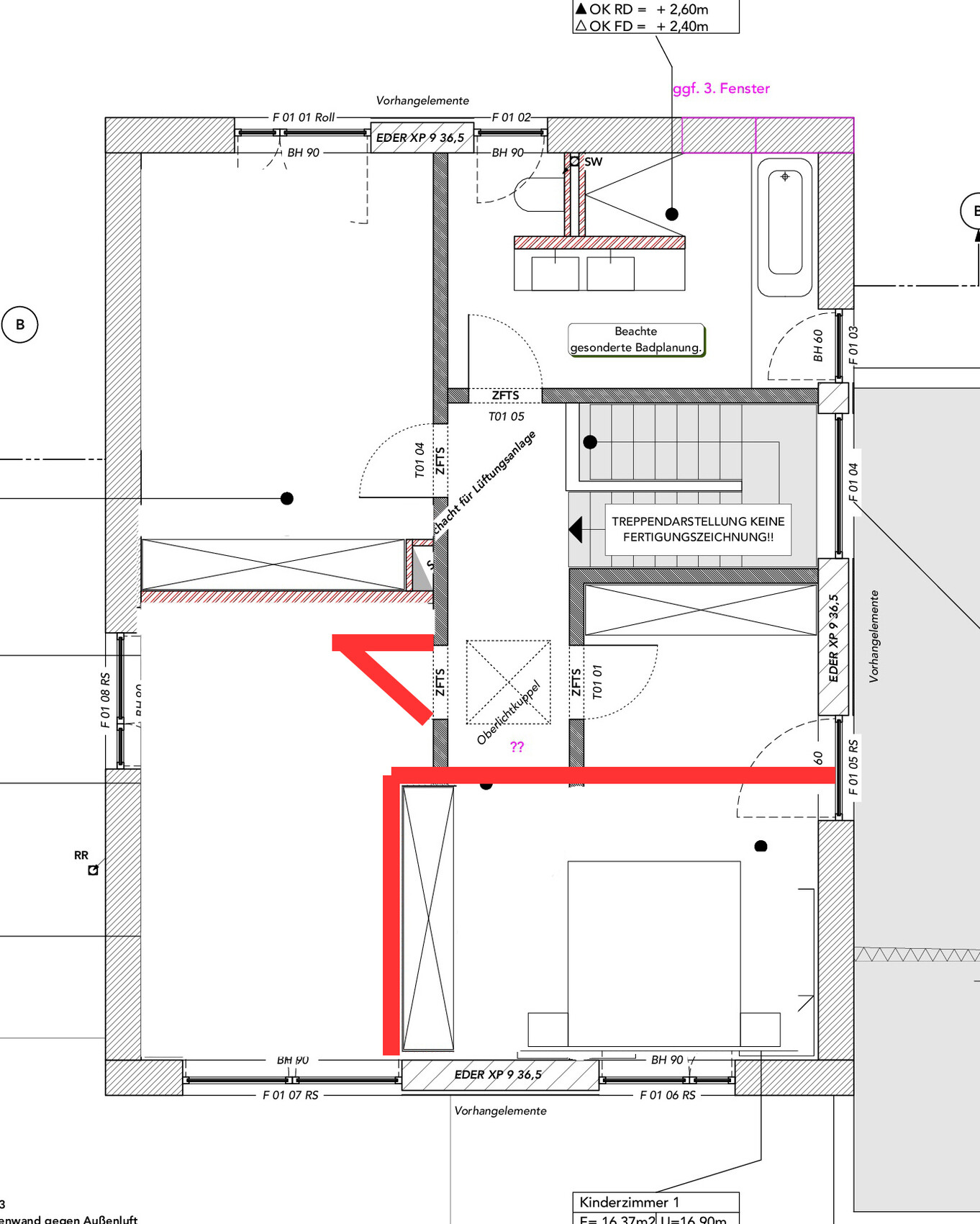 Grundriss eines Stockwerkes mit Badezimmer, Schlafraum und Treppe; rote Linien markieren Wände.
