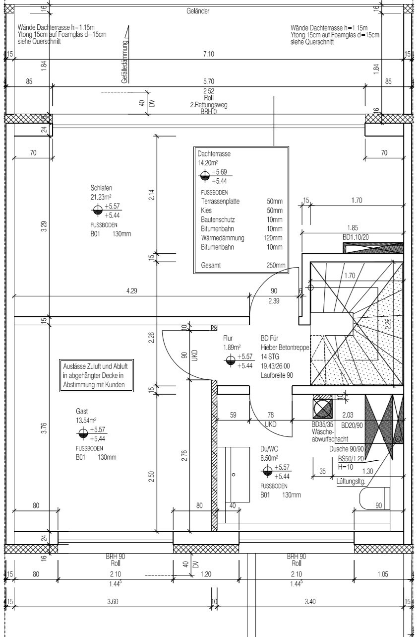 Architektur-Plan eines Wohnhauses mit Dachterrasse, Schlafzimmer, Gästezimmer und Treppenhaus.