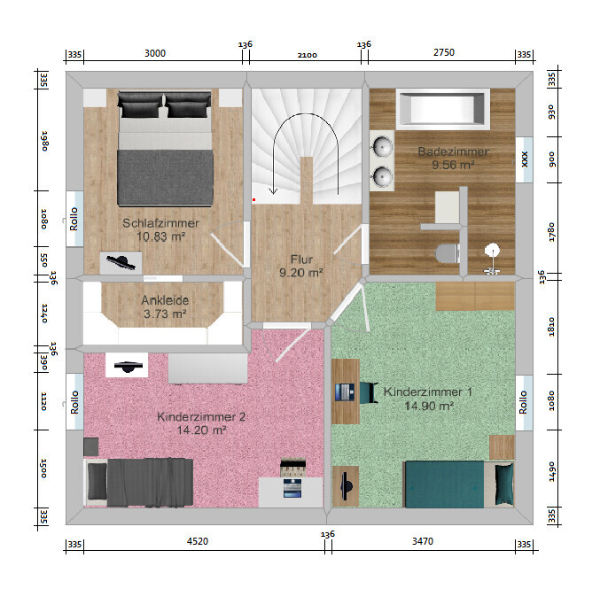 Grundriss einer Wohnung mit Flur, Treppenhaus, Schlafzimmer, Ankleide, zwei Kinderzimmern und Bad.