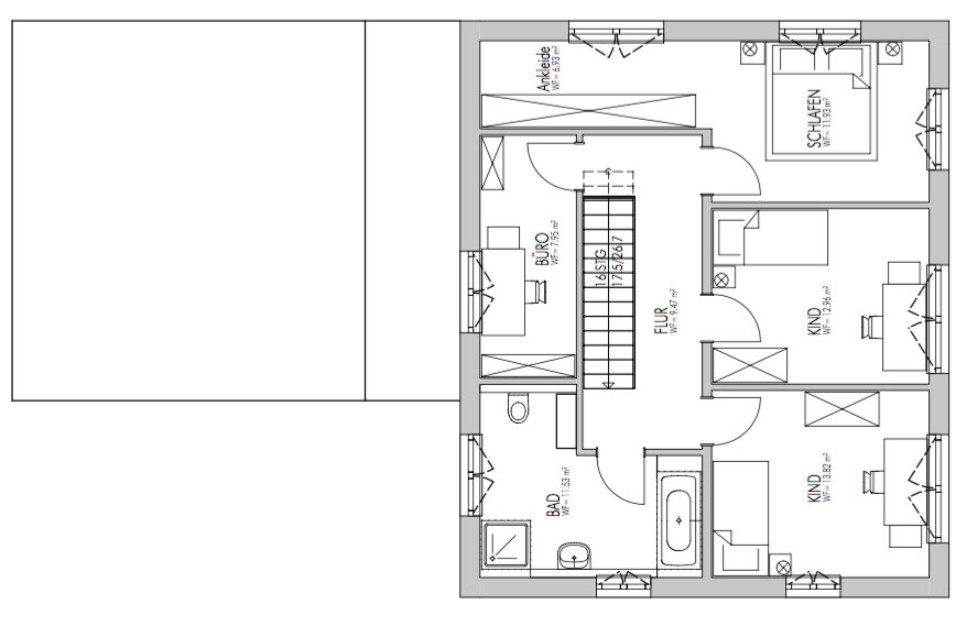 2D-Grundriss mit Schlafzimmer, Kinderzimmer, Büro und Bad im Hausplan