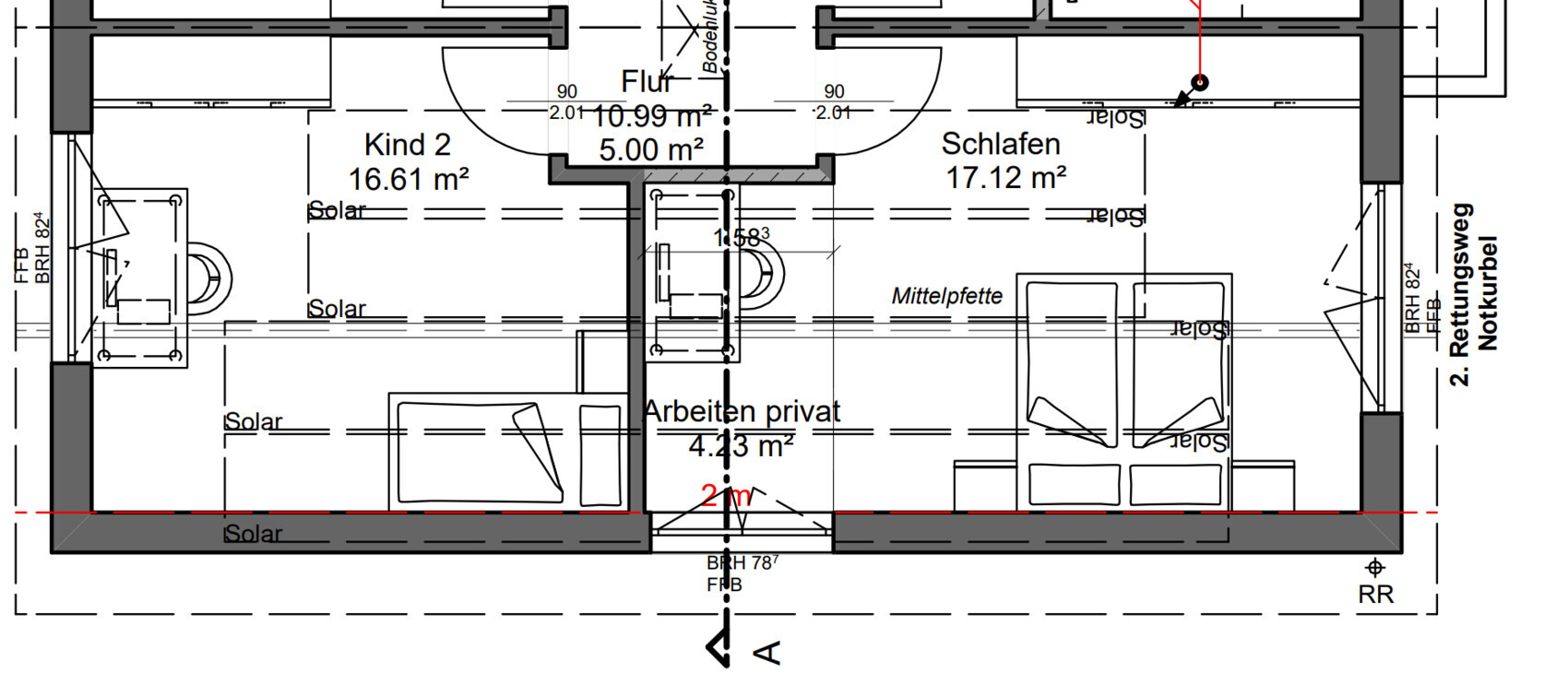 Grundriss eines Wohnraums mit Schlafzimmer, Kinderzimmer, Arbeitsbereich, Flur und Sitzbereich.
