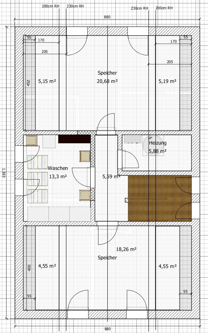 Grundriss eines Gebäudeteils mit zwei Speichern, Waschraum, Heizungsraum und Flur.