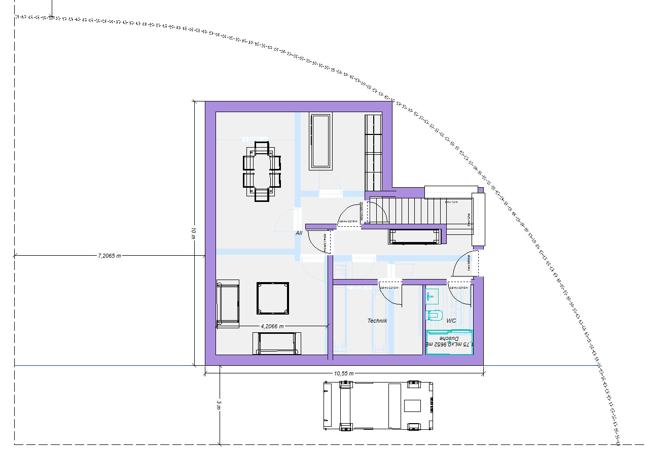 Grundriss eines Hauses mit Treppe, Technikraum, WC, Wohnzimmer mit Esstisch und Sofa; lila Außenwände