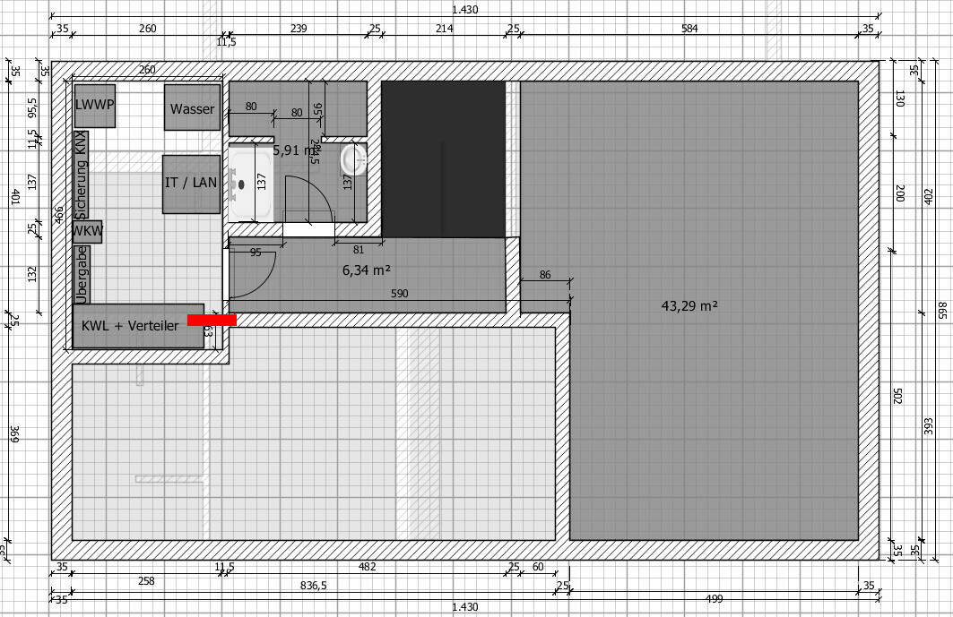 Grundriss: Technikraum mit IT/LAN, Wasser, Sicherung KNX, KWL-Verteiler; 43,29 m² Bereich rechts