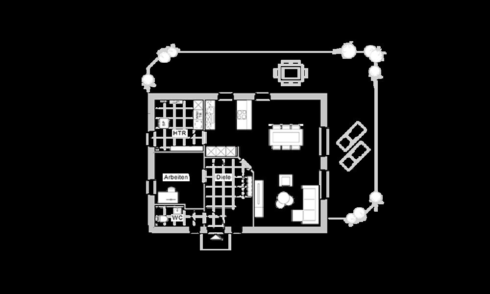Grundriss eines Hauses mit Wohnzimmer, Küche, Diele, Arbeitszimmer, WC und Terrasse