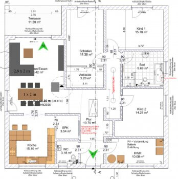 Grundrissplan eines Hauses mit Zimmern, Küche, Bad, Terrasse und Fluren.