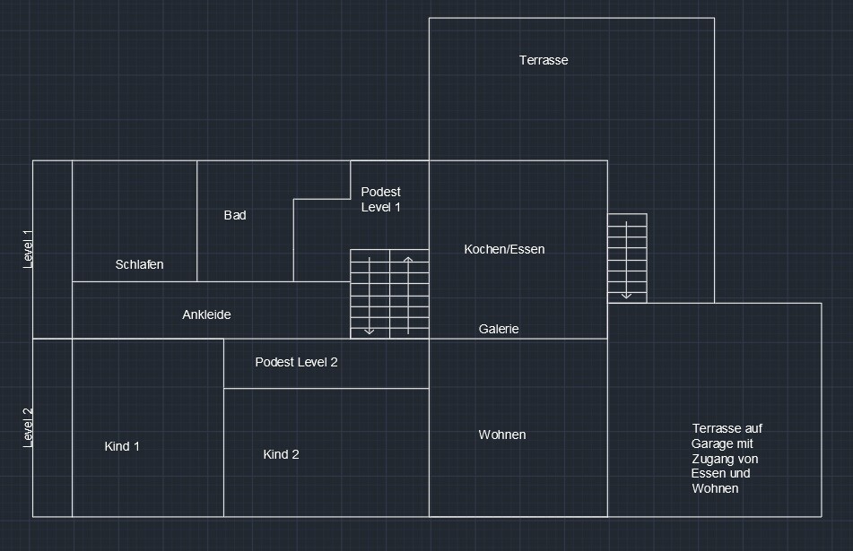 Zweidimensionaler Hausgrundriss mit Schlafzimmer, Bad, Küche, Wohnzimmer und Terrasse.