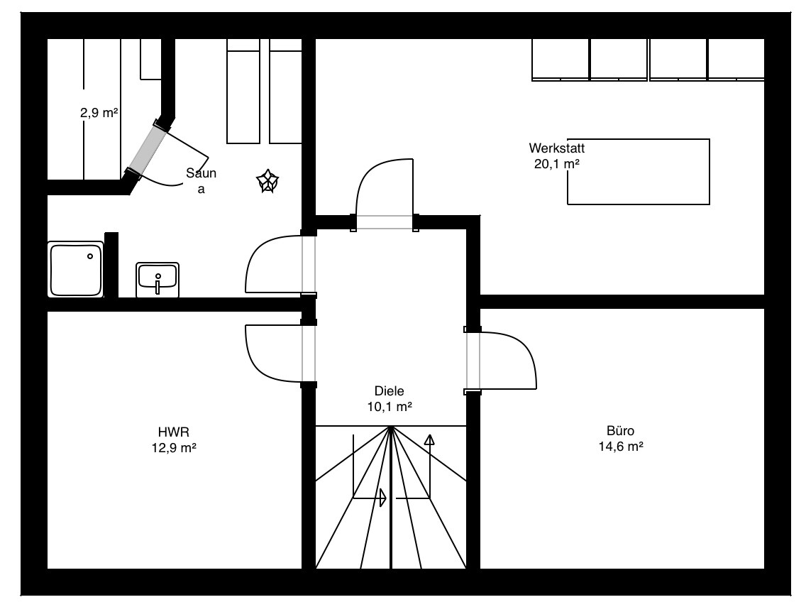 Grundriss: Diele zentral, Büro rechts, Werkstatt oben, HWR links, Sauna links, Treppenhaus unten