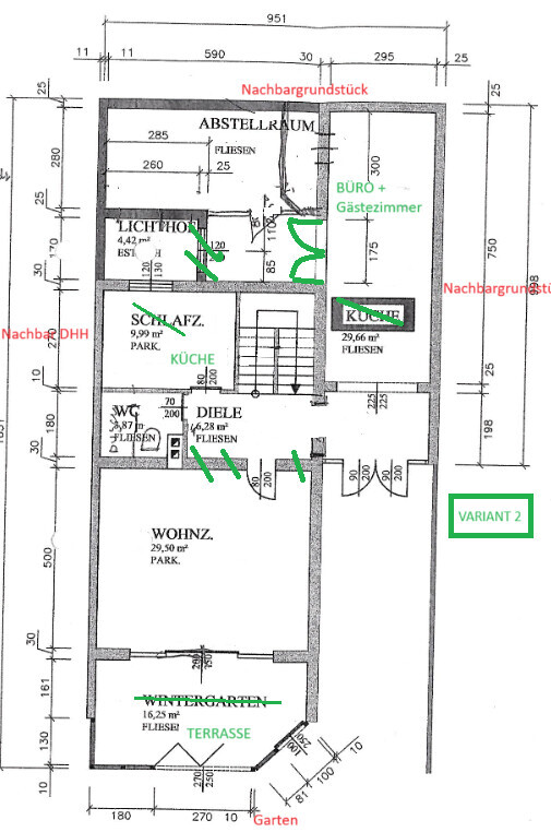 Grundriss eines Hauses: Wohnbereich, Küche, Schlafraum, Büro/Gästezimmer, Terrasse (Variante 2).