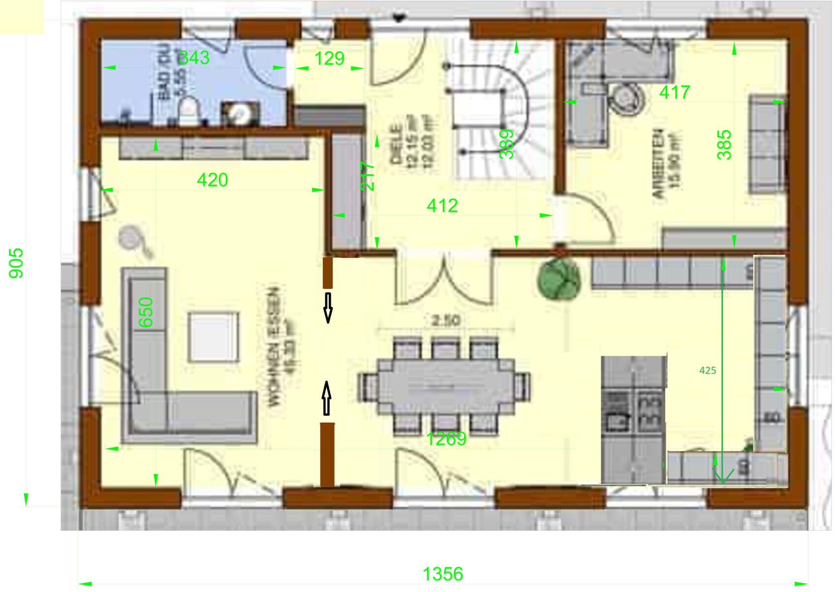 2D-Hausgrundriss mit möblierter Innenaufteilung, Türen und Fenstern