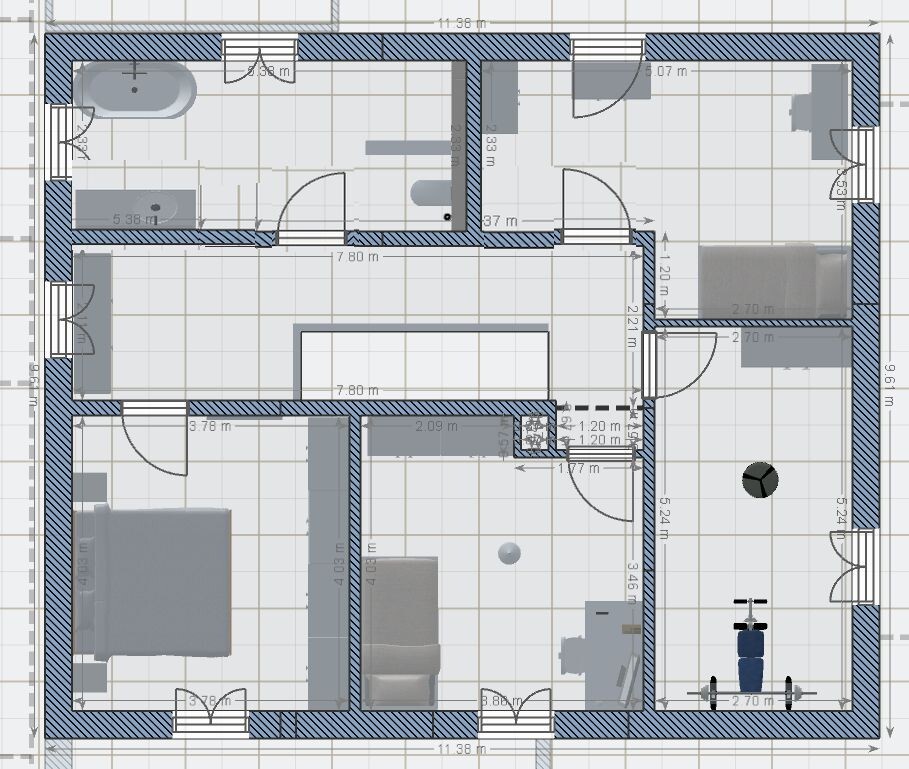 Grundriss eines Hauses mit Bad, Küche, Schlafzimmer, Wohnzimmer, Fluren und Türen