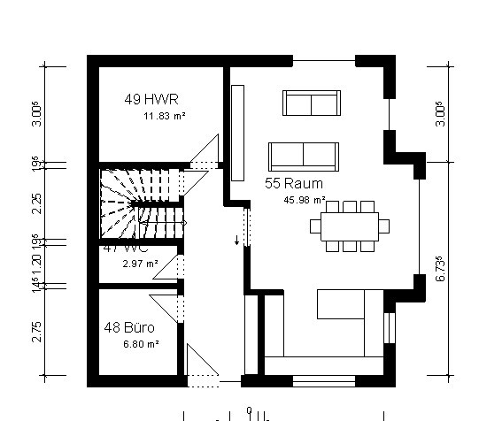 Grundriss: Büro, HWR und großer Raum mit Esstisch, Sofas und Treppe