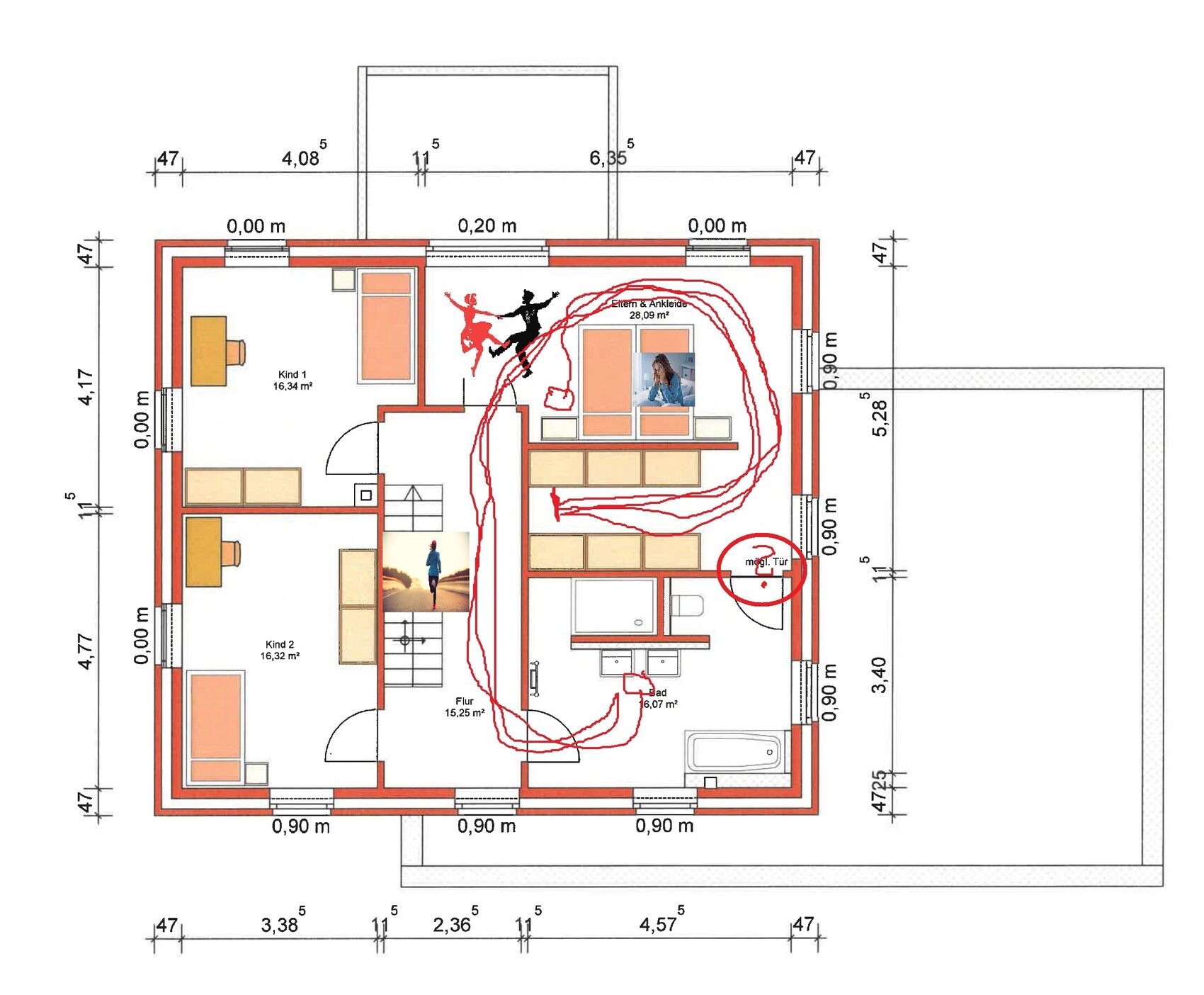 Grundriss eines Hauses mit Zimmern, Bad, Flur; rote Markierungen.