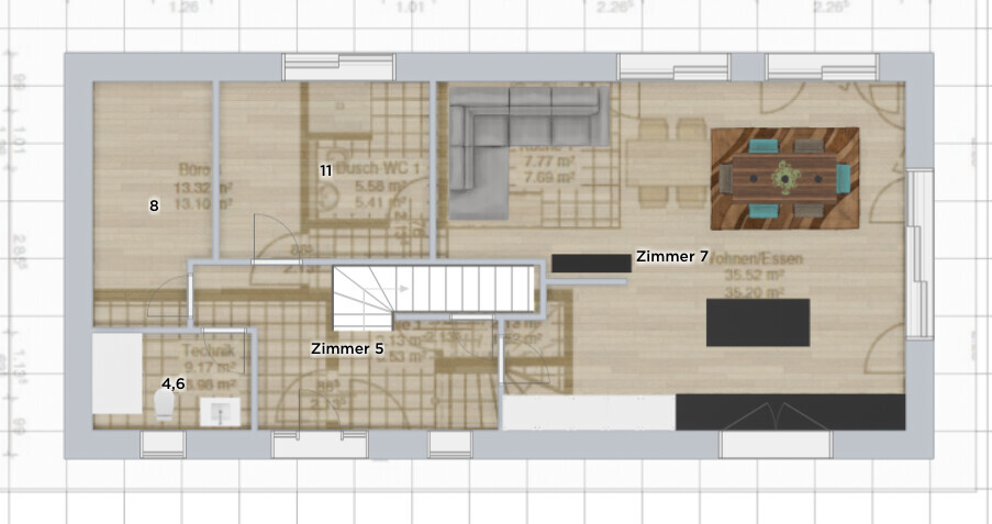 Grundriss einer Etage: Wohnzimmer mit Esstisch, Treppenhaus, Zimmer 5, Büro.