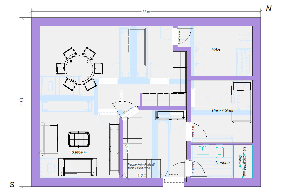 Grundriss eines Hauses: Wohnzimmer mit runder Esstisch, Büro/Gast, Dusche, HAR, Treppe.