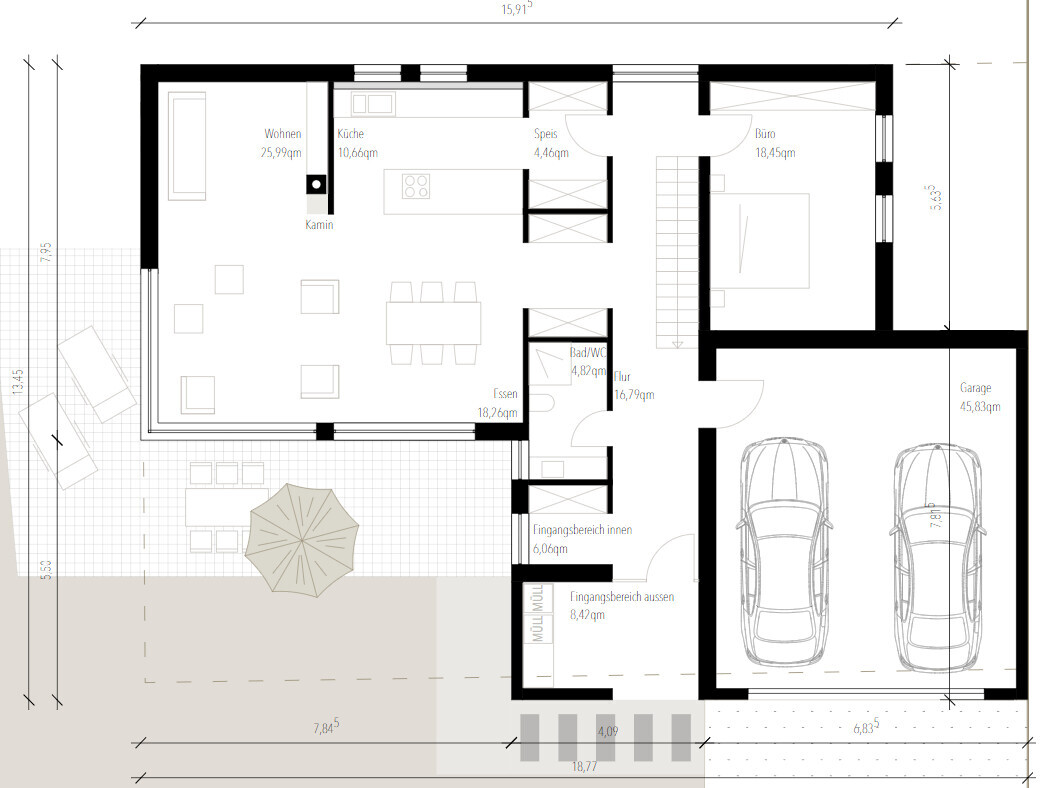 Grundriss eines Hauses: Wohnen, Küche, Essen, Büro, Bad, Flur, Terrasse, Garage für 2 Autos.
