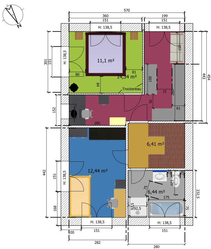 Farbig gestaltierter Grundriss mit farbcodierten Räumen und Flächenangaben (11,1;14,34;12,44 m²).