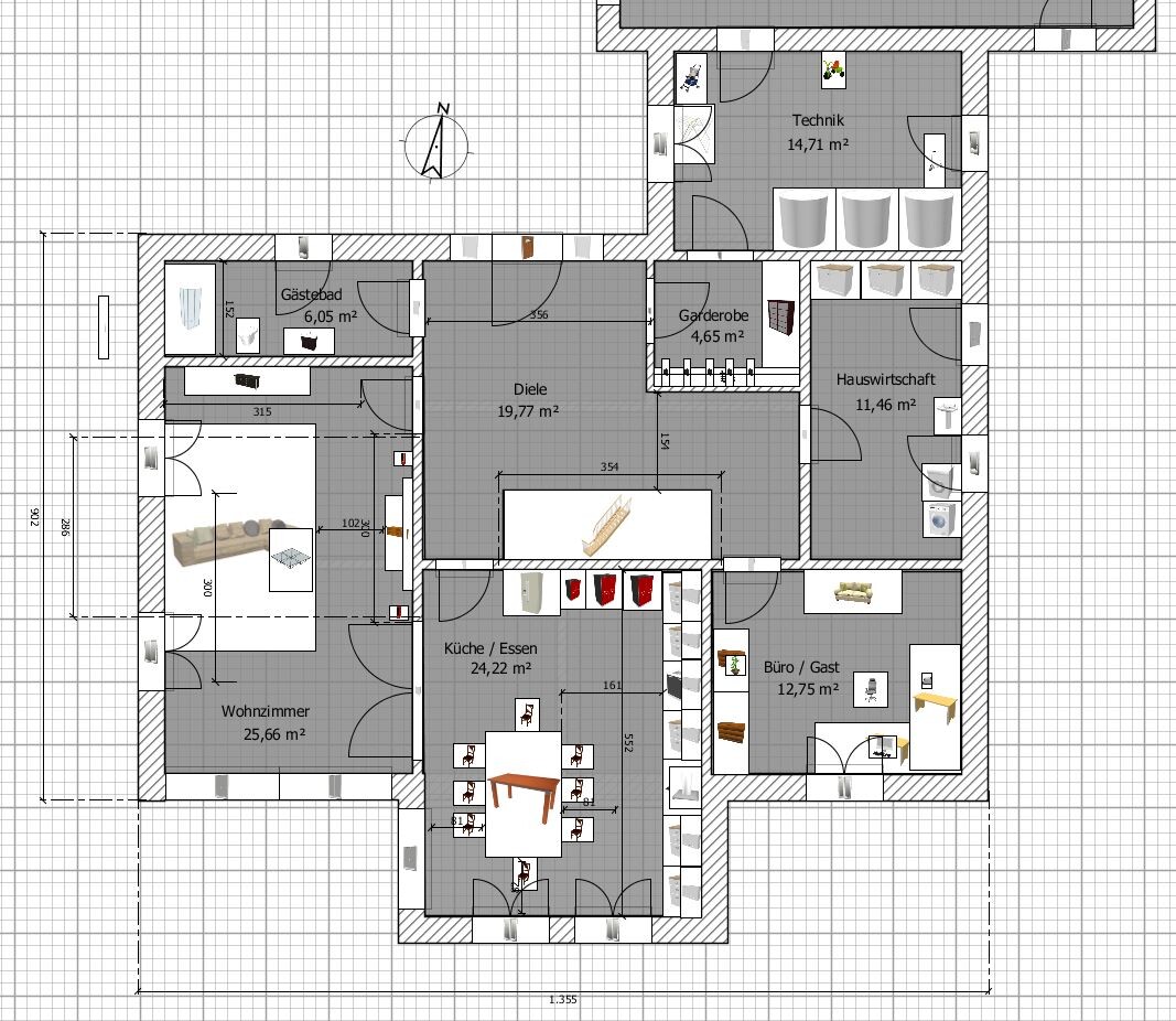 Grundriss eines Hauses mit Küche/Essen, Wohnzimmer, Diele, Büro, Gästezimmer, Technik.