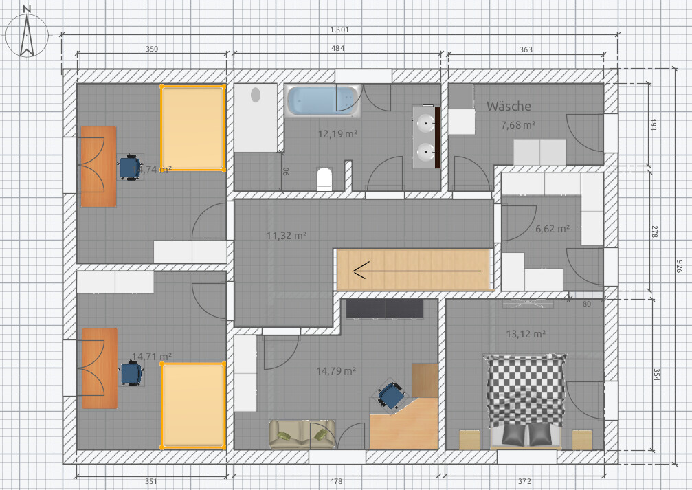 Grundriss einer Wohnung mit mehreren Schlafzimmern, Bad, Waschküche und Wohnzimmer.