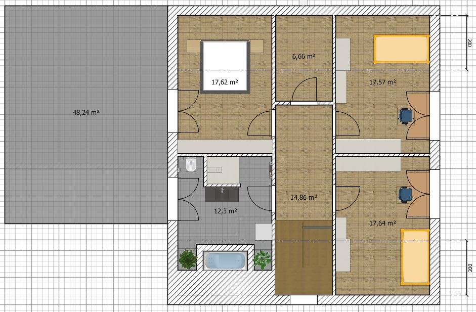 Detaillierter Haus-Grundriss mit Zimmern, Küche, Bad und Terrasse