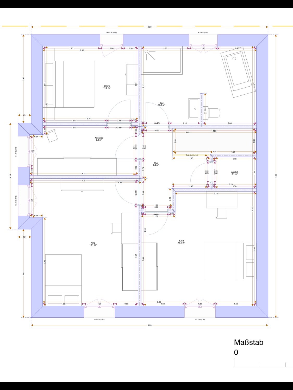 Grundriss eines Wohnhauses mit Eltern- und Kinderzimmern, Bad, Ankleide und Flur.